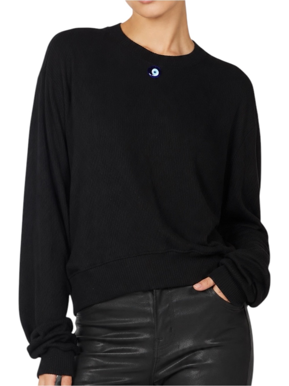 MICHAEL LAUREN Evil Eye Charm Black Long Sleeve Top Small